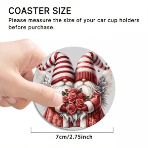 Detail view of the Christmas gnome car coaster, 7cm diameter, durable cup holder mat.