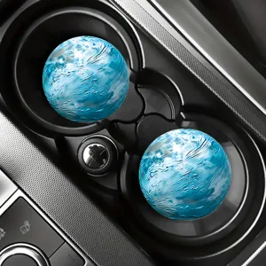 Round car cup coaster with blue vortex pattern, non-slip absorbent mat for auto interior.