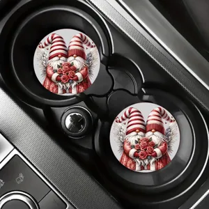 Silicone car cup coaster featuring cute Christmas gnome and red roses design for interior.