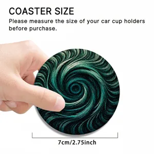 Round car cup coaster with abstract green vortex pattern, 7cm diameter size specification