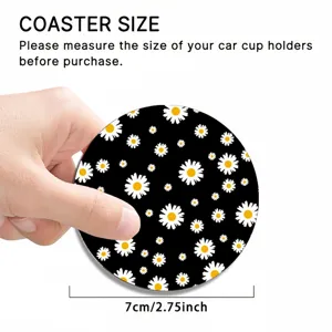 Black silicone car coaster detail showing floral sunflower pattern and precise size of 7cm.
