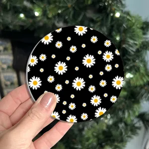 Silicone car coaster featuring cute white daisy floral pattern, anti-slip cup mat for auto.