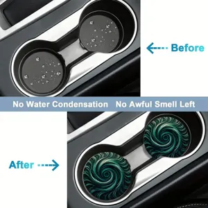 Car cup holder absorbent coaster detail showing before and after effect with stylish swirl design.