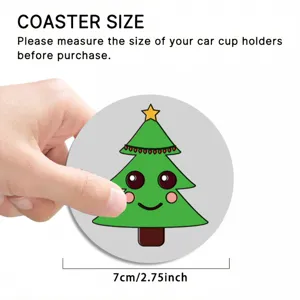 Cute Christmas tree car cup coaster detail view showing 7cm size and hand measurement.