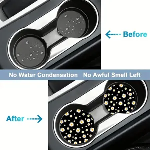 Car cup holder silicone coaster detail showing daisy pattern water absorption and anti-slip feature.