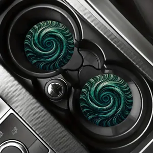 Green vortex car cup coaster set, absorbent circular drink mat for auto console and home table.