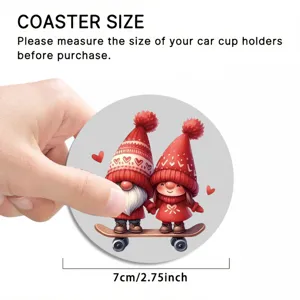 Silicone car cup holder coaster detail featuring cute Christmas gnomes design, 7cm diameter.