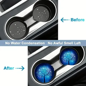 Absorbent car cup coaster with glowing tree pattern, auto anti-slip interior accessory.