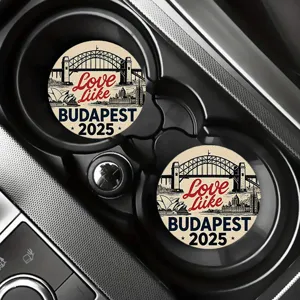 Detailed view of stylish round car cup coasters featuring custom city travel designs.