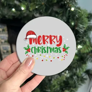 Christmas themed round silicone coaster detail shot, non-slip coffee cup mat with festive print.