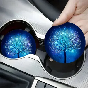 Round silicone car cup coasters set with glowing tree pattern anti-slip absorbent auto drink mat