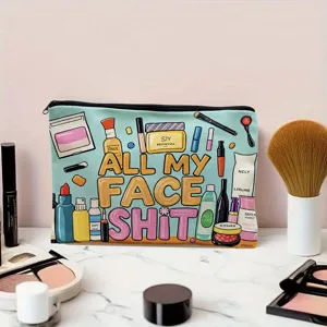 Trousse de maquillage en toile avec impression amusante et fermeture éclair pour le rangement.