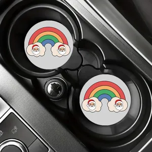 Christmas car cup holder coasters set with cute cartoon Santa Claus and rainbow design, anti-slip.