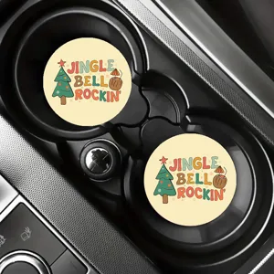 Car cup coasters set, absorbent ceramic car coaster with cute holiday tree print for auto interior.