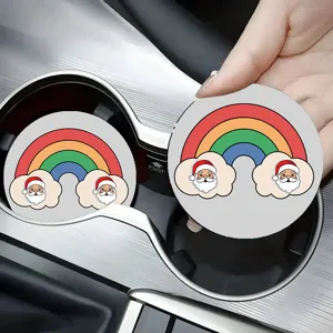 Christmas car cup coasters anti-slip mats with cute Santa Claus and rainbow design for auto interior.