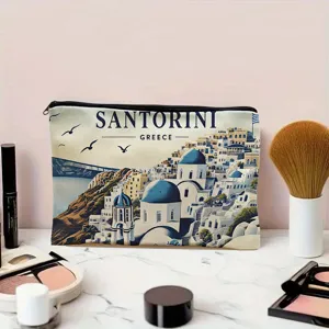 Santorini Greece landscape print polyester makeup bag portable cosmetic storage travel pouch
