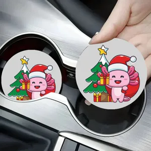 Cute cartoon Christmas axolotl car cup coaster, anti-slip leather interior decorative pad.