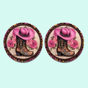 Sottobicchiere rotondo per auto con stivali da cowboy e rose rosa, bordo leopardato.
