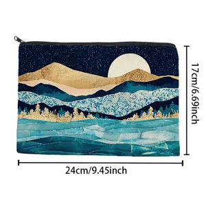 Trousse de maquillage en toile avec motif paysage de montagne, 24x17cm pochette zippée