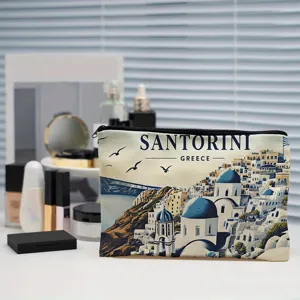 Santorini landscape print cosmetic bag portable zipper pouch travel storage makeup bag organizer