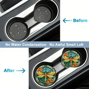 Auto bekerhouder onderzetters met retro libel gebrandschilderd glas patroon interieur.