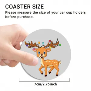 Car leather cup coaster with cute cartoon reindeer design, 7cm round drink mat for car cup holder.
