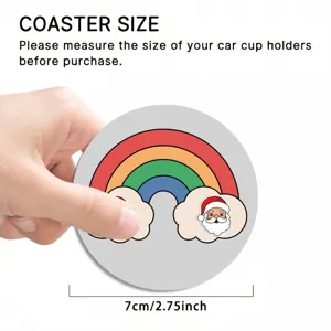 Detailed view of the Christmas car cup coaster showing the colorful rainbow and Santa Claus design.