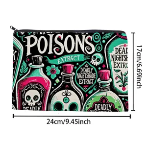 Gothic skull potion pattern cosmetic bag, portable waterproof zipper storage pouch for daily use.