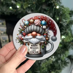 Christmas gnome car coaster detail, cute holiday mug design with cocoa text, festive silicone mat.