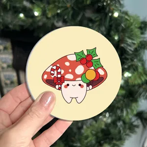 Christmas mushroom cute pattern round absorbent coffee tea cup coaster detail shot display.