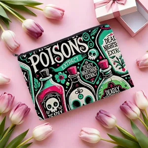 Digital print cosmetic pouch with gothic poison bottle design, portable polyester storage bag for travel.