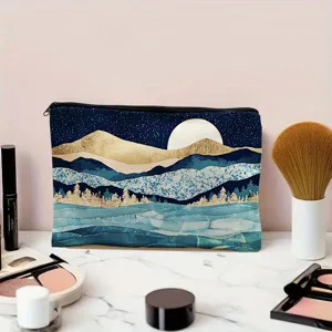 Vue détaillée de la trousse de toilette imprimée paysage, fermeture éclair et format pratique.
