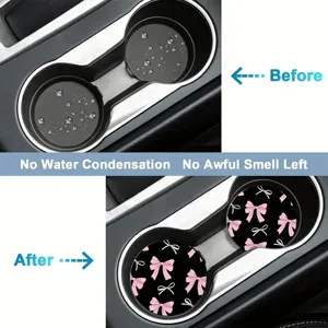 Sottobicchieri auto con fiocco rosa, tappetino silicone antiscivolo e assorbente per veicoli.