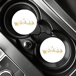 Christmas car cup coasters, white and gold reindeer print absorbent ceramic car coasters.