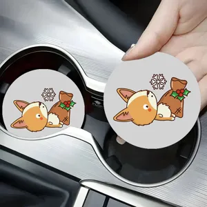 Cute cartoon corgi car cup coaster, non-slip silicone auto beverage holder mat 2pcs