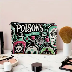 Detail view of polyester makeup pouch with gothic potion print, ideal for travel storage.