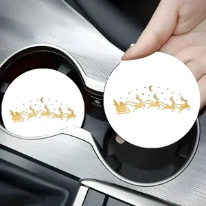 Christmas car cup holder coasters with gold reindeer design, anti-slip auto interior decor.