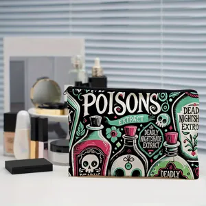 Gothic poison bottle print cosmetic bag, portable polyester makeup storage pouch for use.