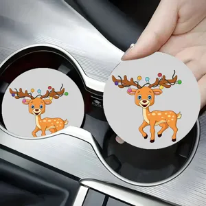 Cute cartoon reindeer car coaster, universal leather cup holder pad, anti-scald decorative mat.