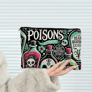 Gothic style cosmetic bag with skull and poison bottle print, portable zipper storage pouch.