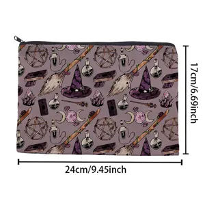 Digital printed cosmetic bag polyester zipper storage pouch witch magical theme design size 24x17cm