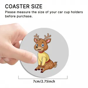 Detailed view of the cute cartoon reindeer car cup coaster, showing 7cm size for easy fit.
