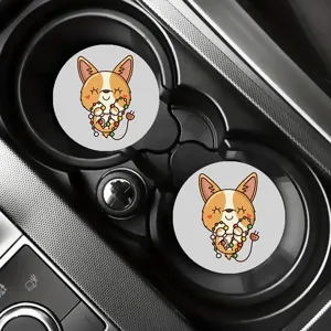 Cute cartoon corgi car cup coasters, non-slip silicone auto drink holder mats interior decor.