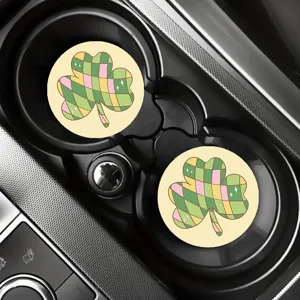 Juego de posavasos para coche con trébol a cuadros retro, alfombrillas estéticas verdes para tazas