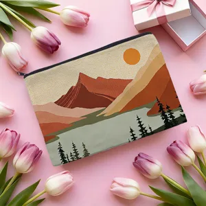 Pochette de maquillage rétro en toile sac de rangement cosmétique zippé style artistique