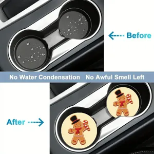 Detailed view of cute gingerbread man car cup coaster, absorbent anti-slip design interior.