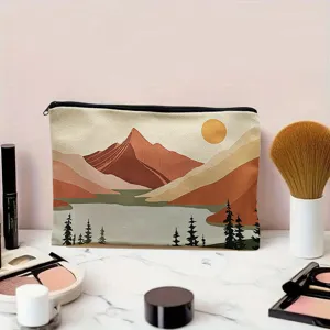 Trousse de maquillage en toile avec paysage rétro et fermeture éclair pour un usage quotidien.