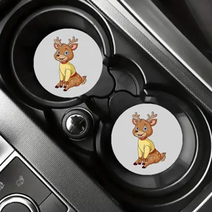 Cute cartoon reindeer car cup coasters, anti-slip rubber mat interior accessory set