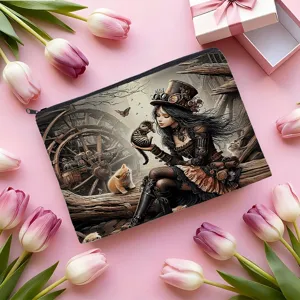 Steampunk cat print cosmetic pouch, portable polyester zipper makeup bag for daily storage.
