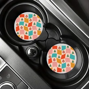 Retro Christmas wavy pattern car cup holder coasters, anti-slip auto interior decor pads 2pcs